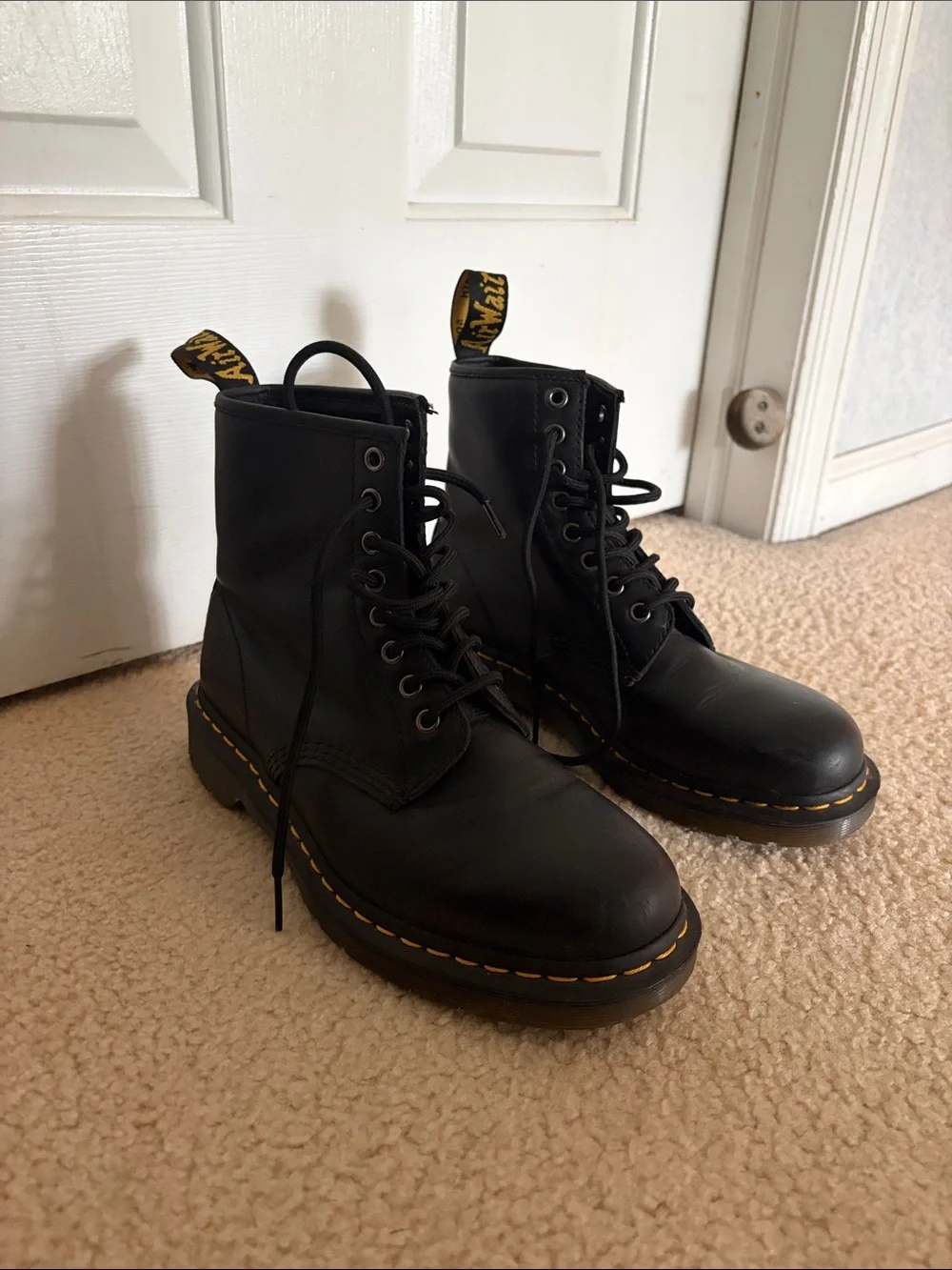 Dr. Martens Black Leather Lace-Up Boots with Yellow Stitching